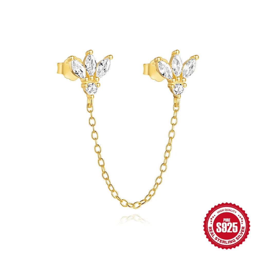 S925 sterling silver stud earrings with zircon stones and chain design for double piercing in golden colour