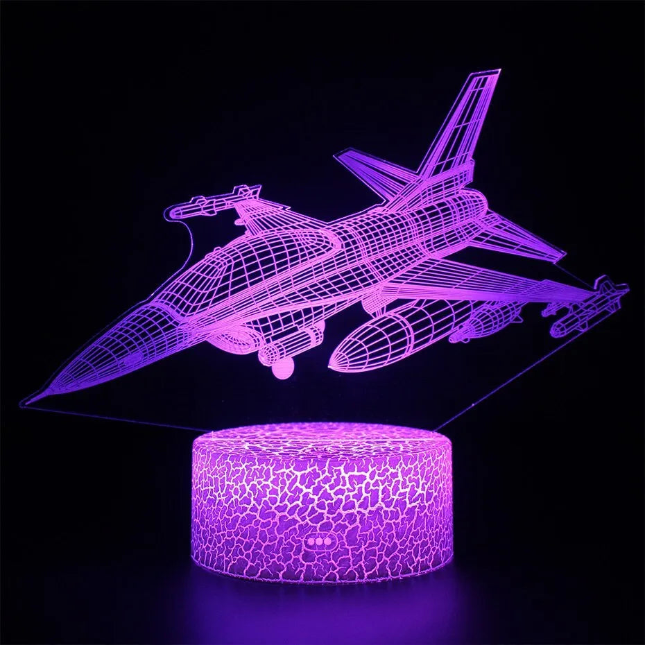Cartoon aeroplane-shaped white night light with LED illumination and a touch-sensitive base.
