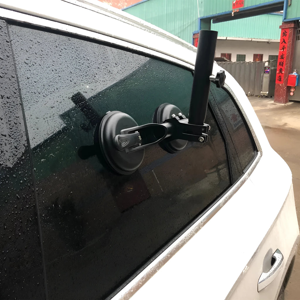 Black off-road car flagpole sucker base with round glass suction cup and rubber disc.