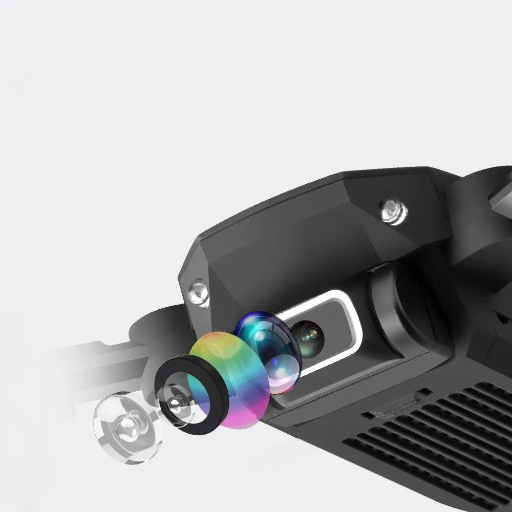 Mini folding aerial drone with 4K camera, open on a flat surface, showing foldable arms and LED lights