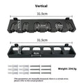Black ABS plastic wall-mounted fishing rod holder in horizontal and upright styles.