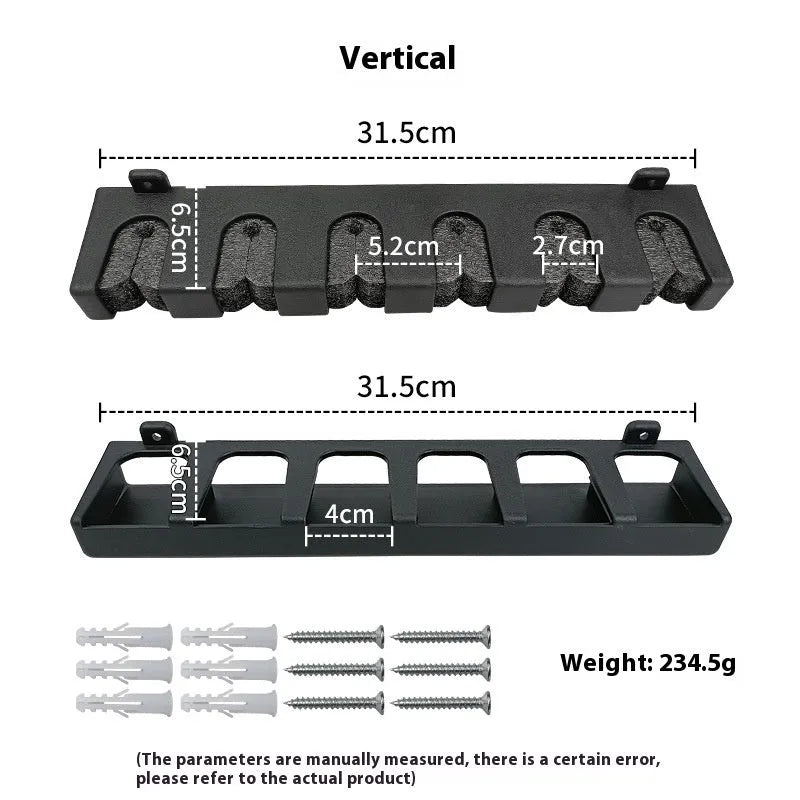 Black ABS plastic wall-mounted fishing rod holder in horizontal and upright styles.
