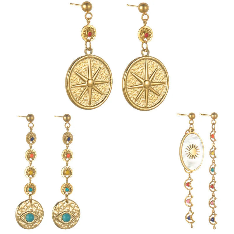 Geometric stainless steel earrings showing eight awn star, eye, and shell sun design variations