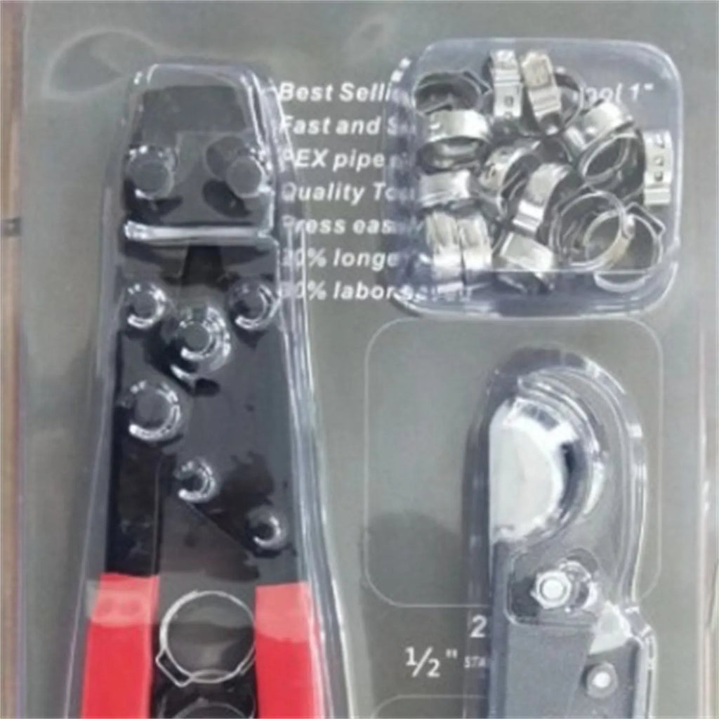 Red cloth single ear PEX clamp set with metal construction and carbon steel cutting edge