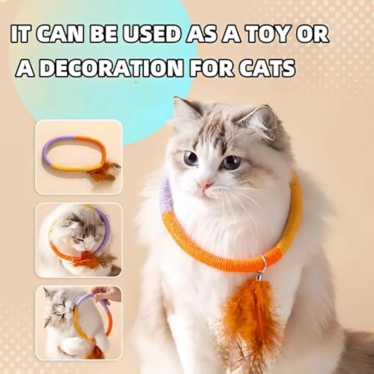 Green cotton rope circular cat toy with feathers and catnip for chewing and interactive play