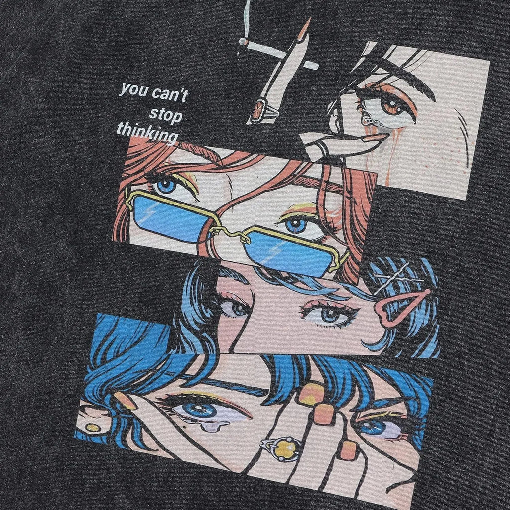 Men's washed black cotton t-shirt with a cartoon print, featuring short sleeves and a loose fit.