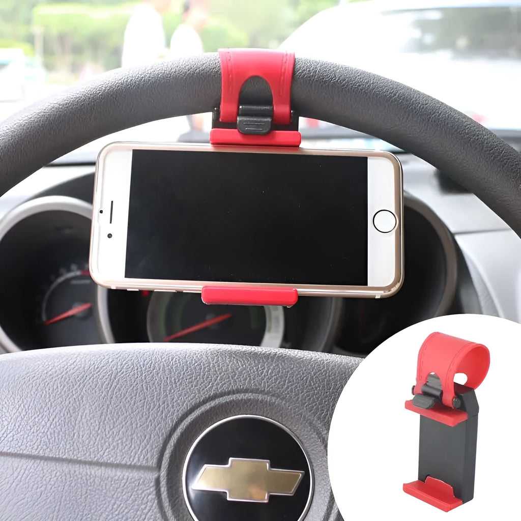 Universal steering wheel phone clip mount holder in black red blue yellow colours