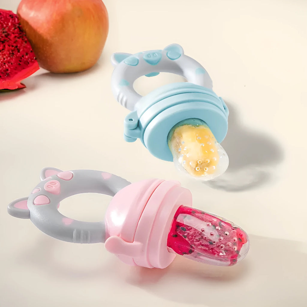 Silicone baby teether in blue, green or pink colour with single or triple mouthpiece options