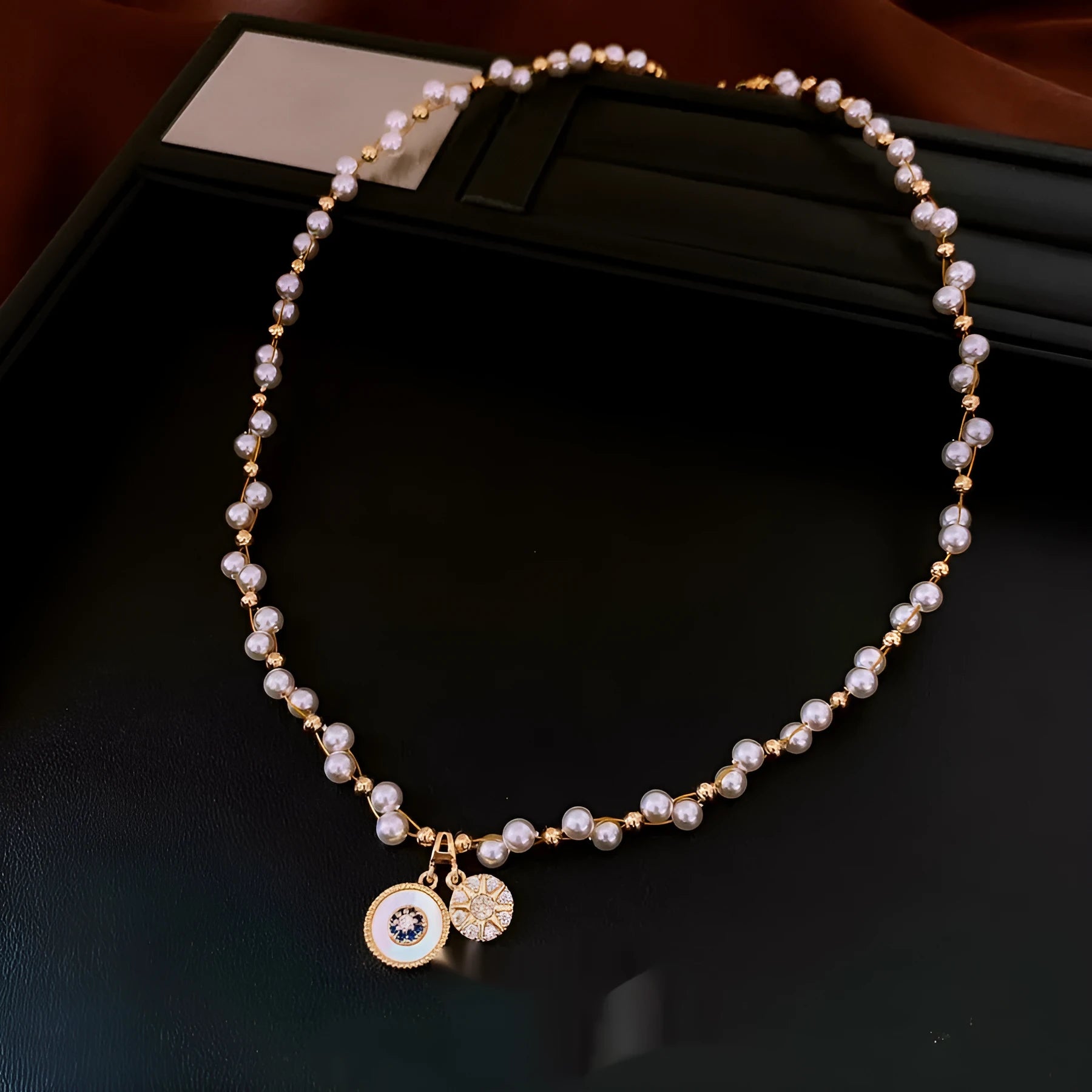 Gold electroplated clavicle necklace with round zircon pearl pendant, adjustable 41-50cm chain