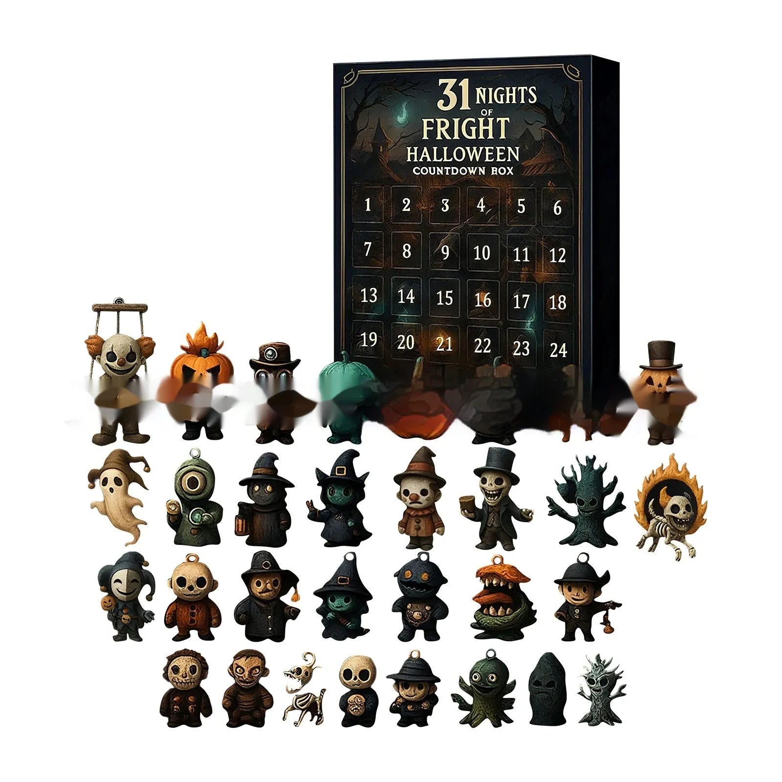 Halloween horror doll advent calendar countdown box in plastic and resin.