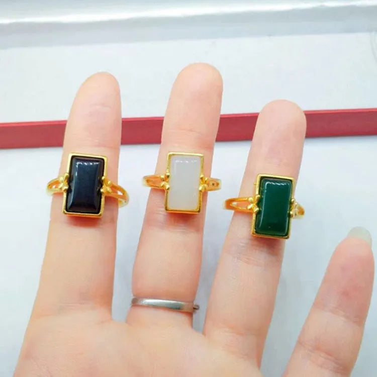 Adjustable brass gold-plated ring with long gemstone inlay in national style design