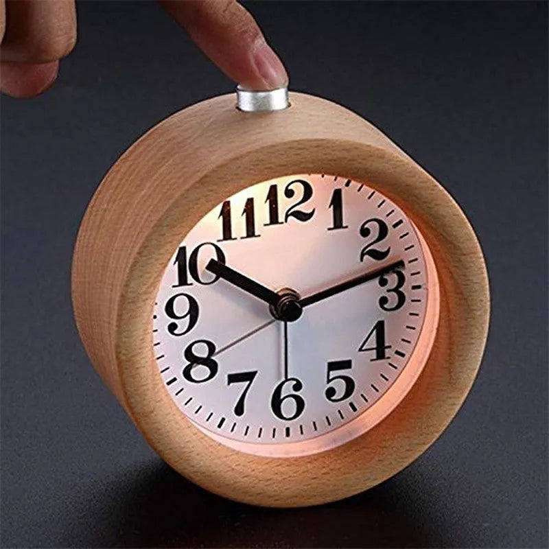 Solid beech wood analogue alarm clock showing silent movement and 9.5cm size.