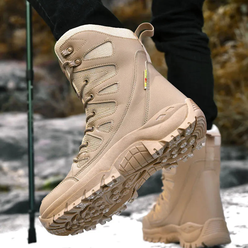 Men's cowhide hi-top hiking shoes in beige, a platform sneaker for outdoor climbing and camping.