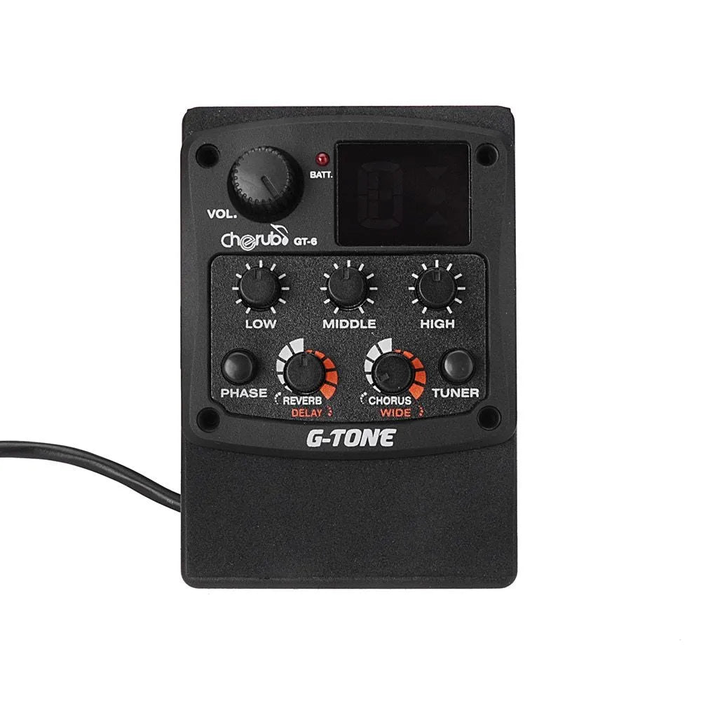 Cherub GT-6 black acoustic guitar pickup preamp with EQ knobs and effects controls.