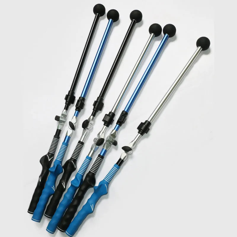 Golf folding swing trainer black with aluminium shaft and rubber grip, extended to 110cm