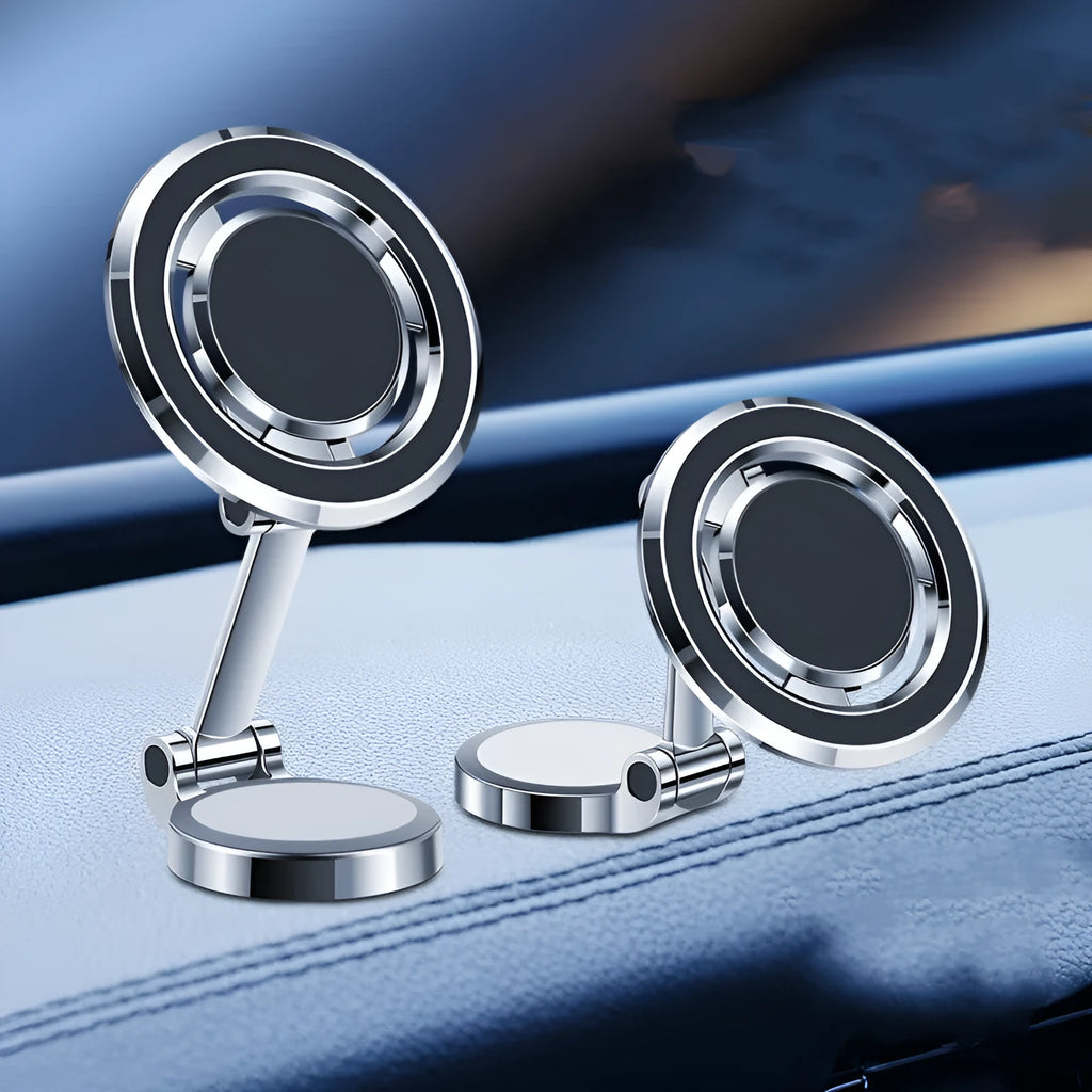 Car mobile phone holder with flexible clip and 360-degree rotation bracket in obsidian black.