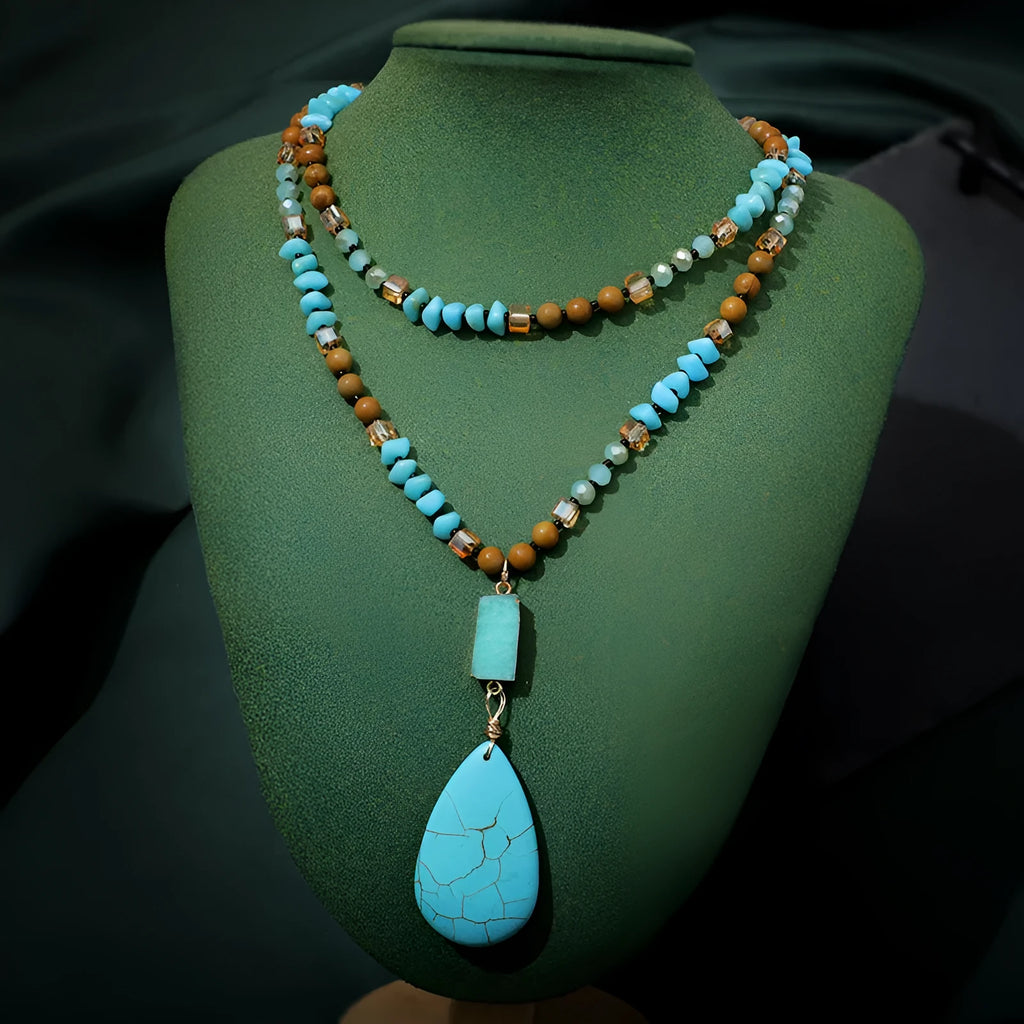 Turquoise blue big water drop pendant necklace with heart-shaped mixed gem design on ball bead chain