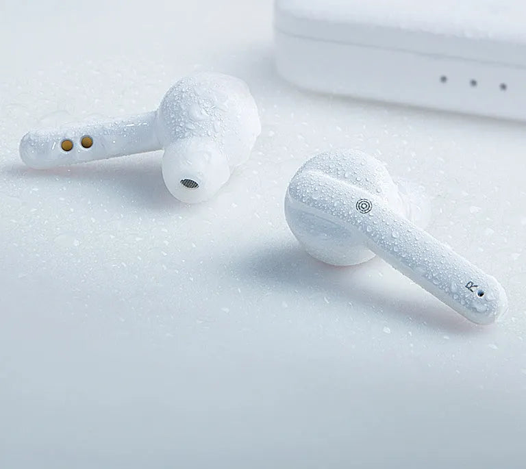 Black and white TWS wireless headset with Bluetooth 5.0 and IPX5 waterproof rating