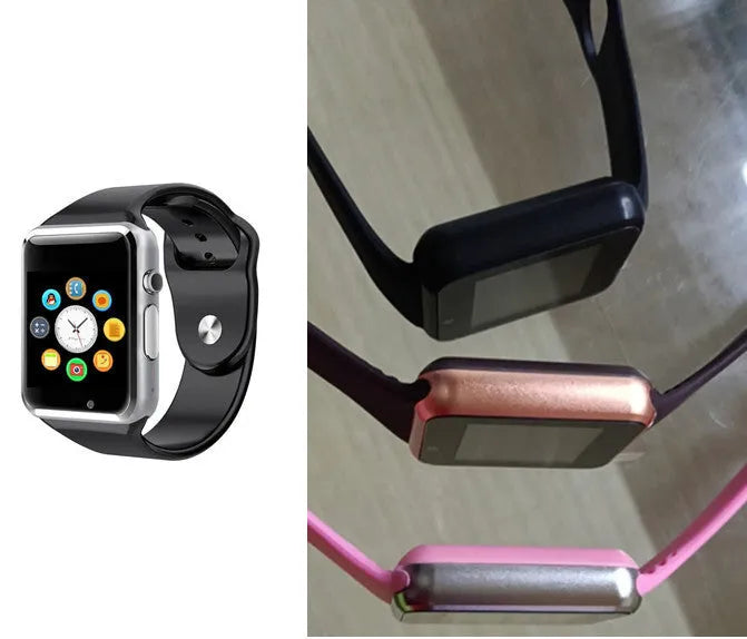 A1 Smart Watch in various colours showing GSM SIM slot, Bluetooth, and camera functionality for Android