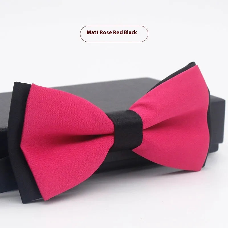 Men's flat head style polyester bow tie in a solid colour, shown with adjustable neck strap.