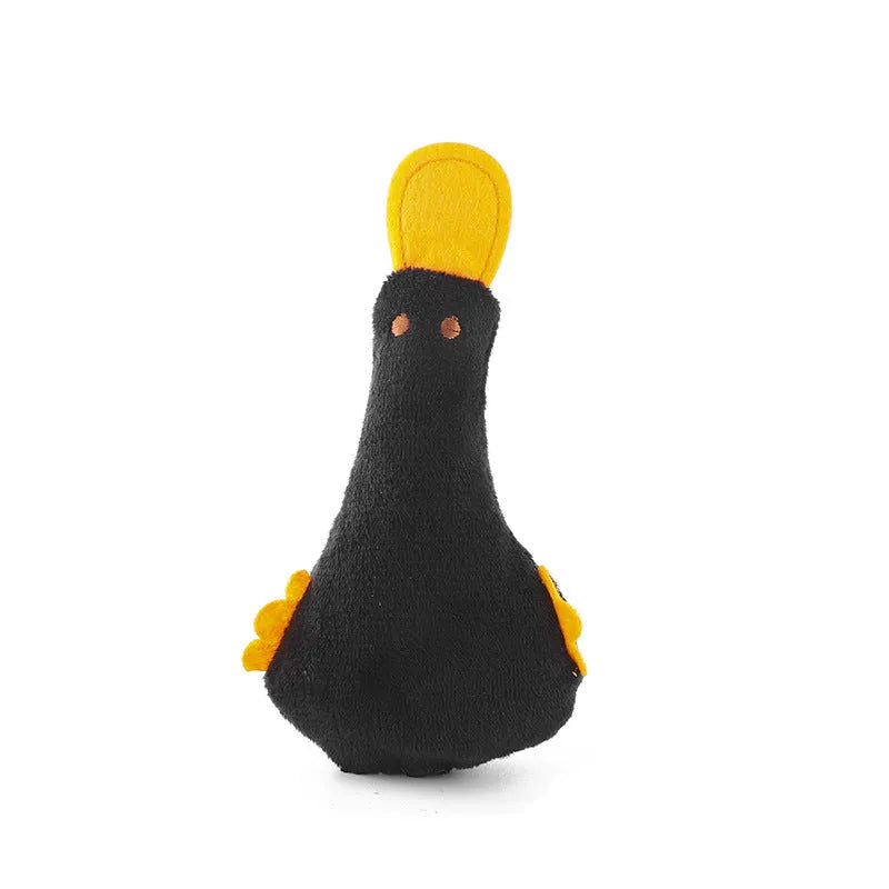 Yellow duck plush pet toy with squeaker, catnip filling, and internal rattle paper for cats and dogs