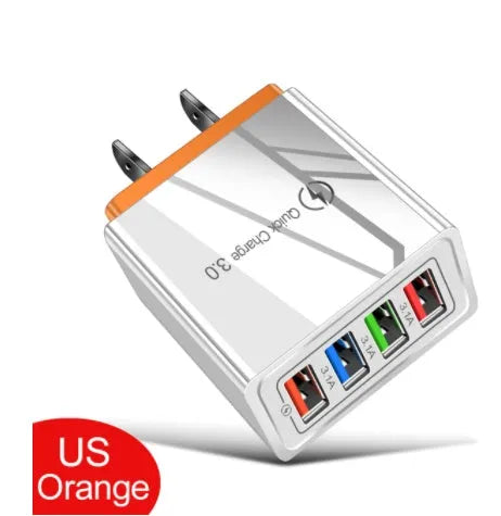 Luminous 4-port USB mobile phone charger in selected colour with indicator light, showing EU or US plug type.
