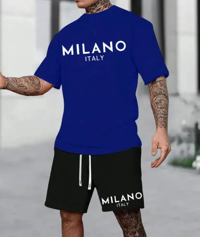 Men's short sleeve suit set with round neck pullover top and matching shorts in five colour options