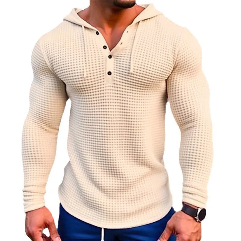 Men's pullover long sleeve t-shirt in solid khaki colour with waffle knit texture and hood, shown on model
