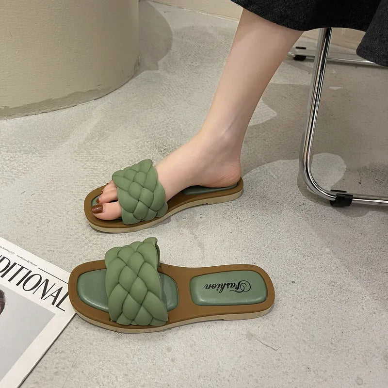 Women's plaid pattern casual sandals with thick PVC anti-skid sole in black, green, orange, and white colours.