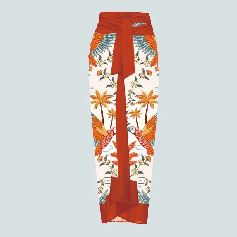 Women's floral print one-piece swimsuit with wrap skirt in polyester fabric