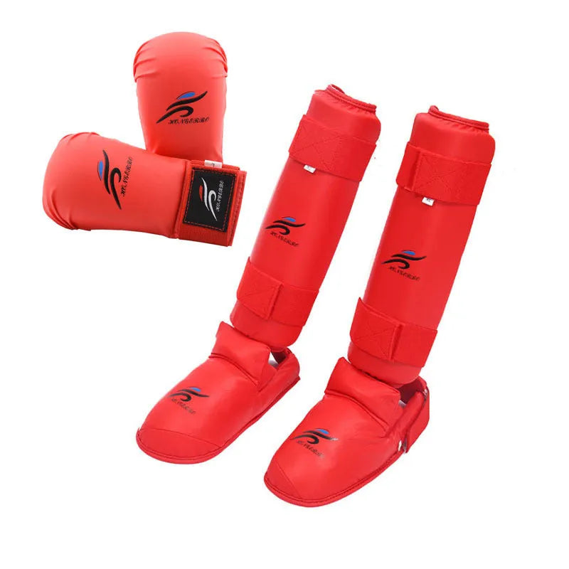 Red and blue karate protective gear set showing a helmet and leg guards made of PU material.