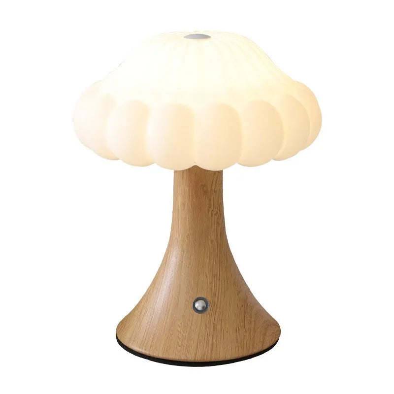 Mushroom-shaped touch lamp with USB charging in wood grain, white, cream, grey, or black for bar and cafe decoration