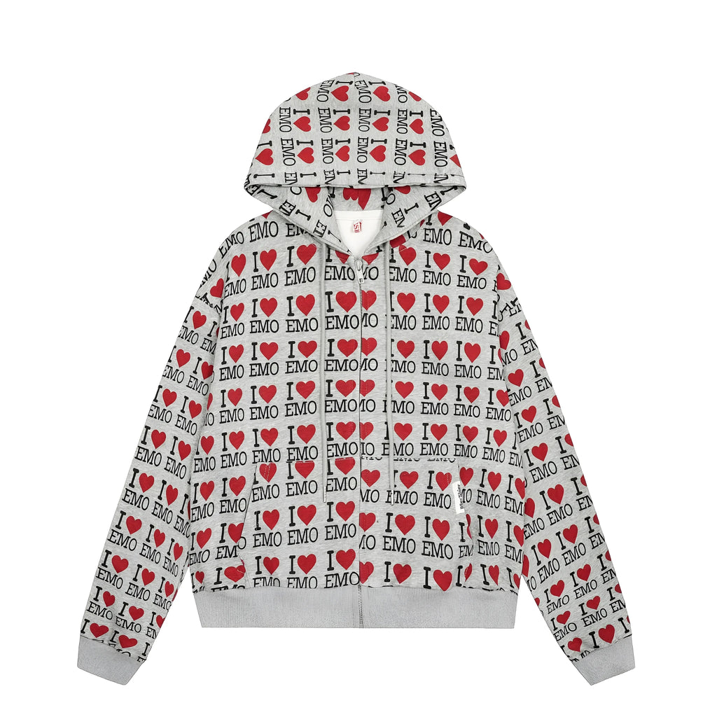 Women's grey cotton hooded cardigan with retro pattern and long sleeves