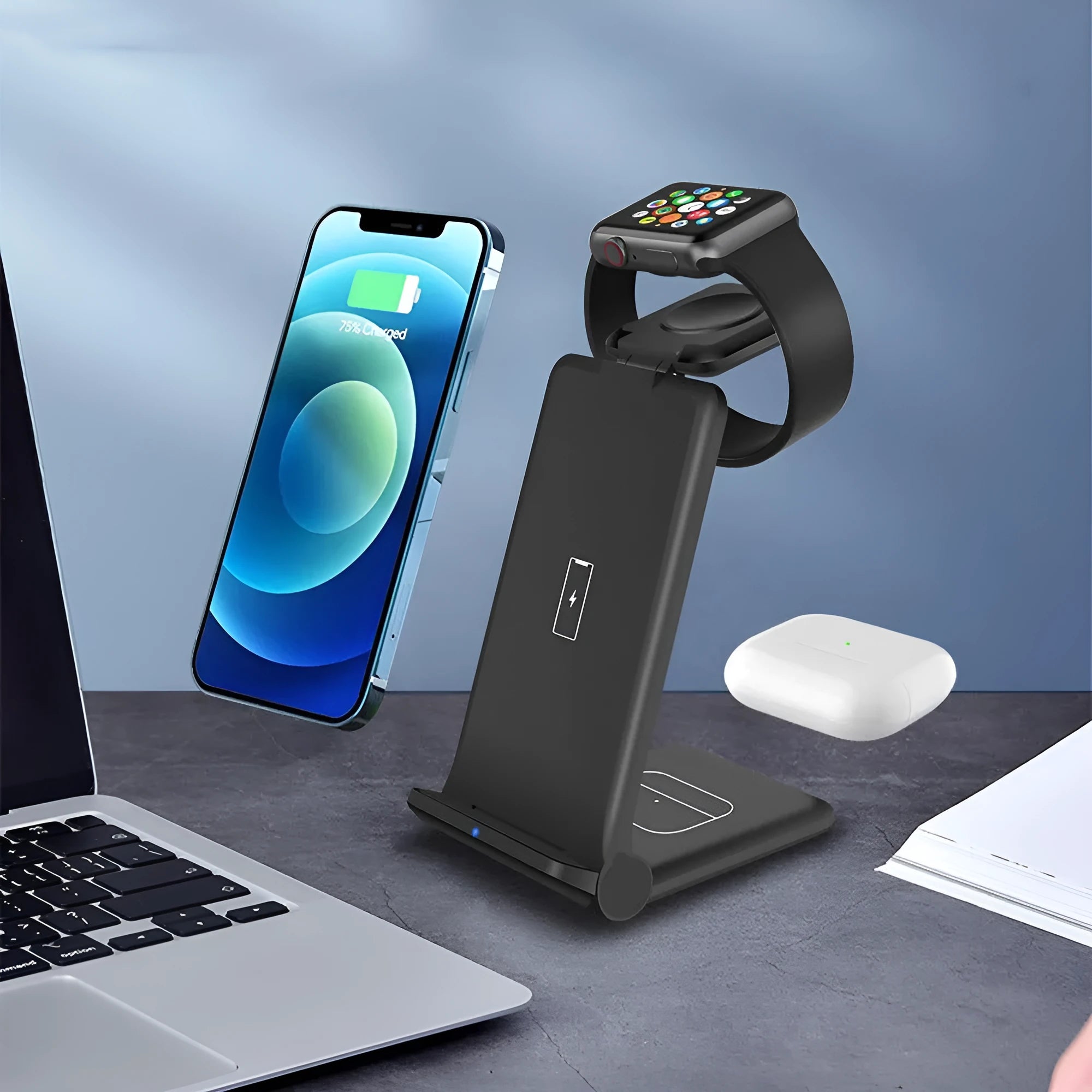 Black and white 3-in-1 foldable wireless charging station for phones AirPods and Apple Watch