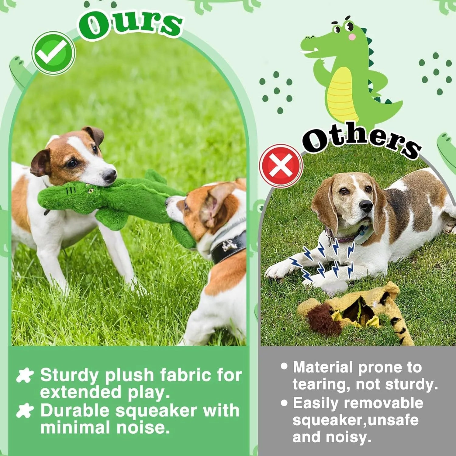 Green crocodile plush dog toy with stuffing-free design for aggressive chewers measuring 20cm