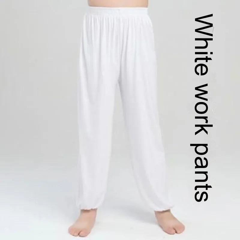 Children's black high-elasticity Lycra practice pants for martial arts training with Asian sizing.