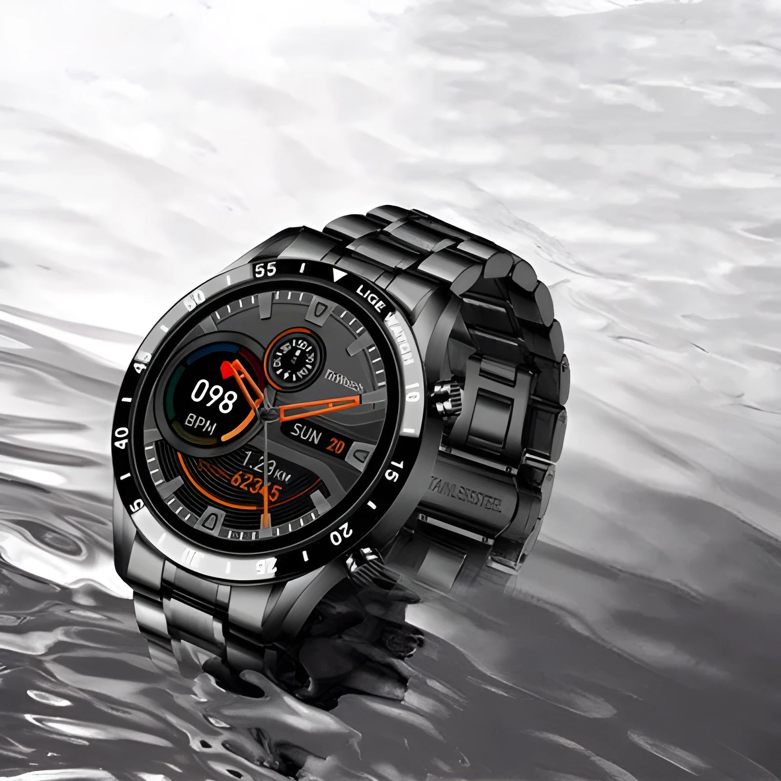 Smart watch with stainless steel wristband and 1.3 inch touch screen display showing step counter
