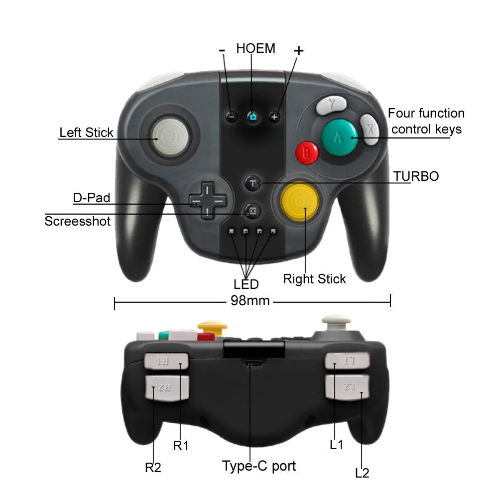 Black wireless gamepad controller with colourful box packaging for Nintendo Switch and Windows PC gaming