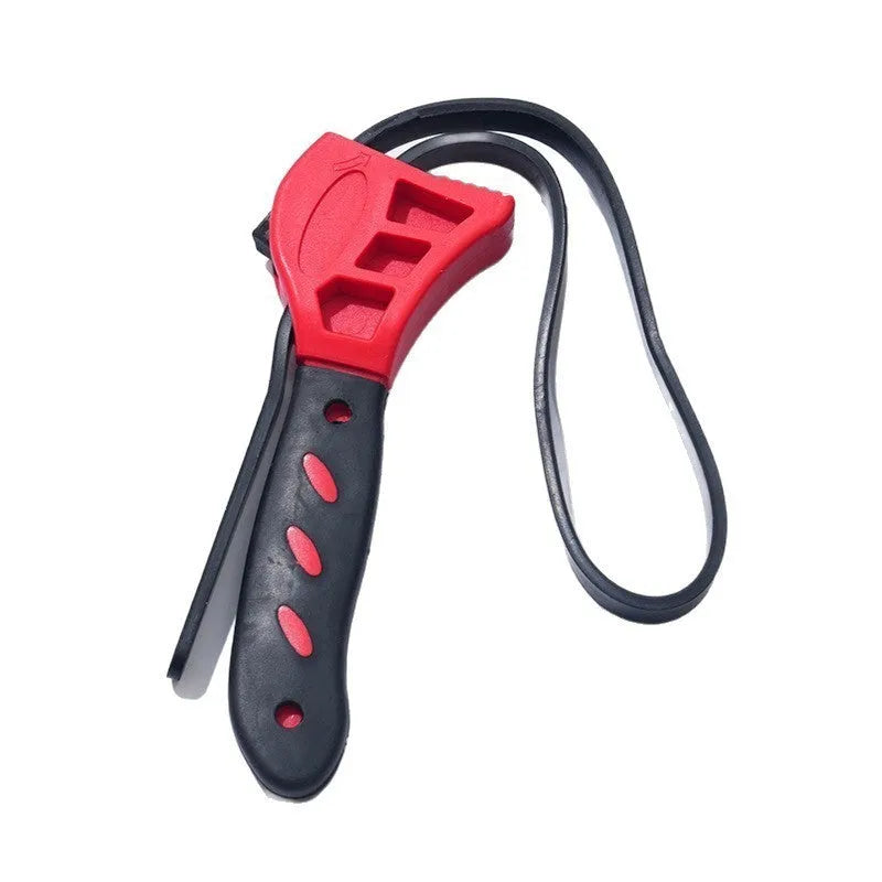 A 6-inch and 8-inch adjustable rubber strap wrench set with a black rubber strap and plastic handle.