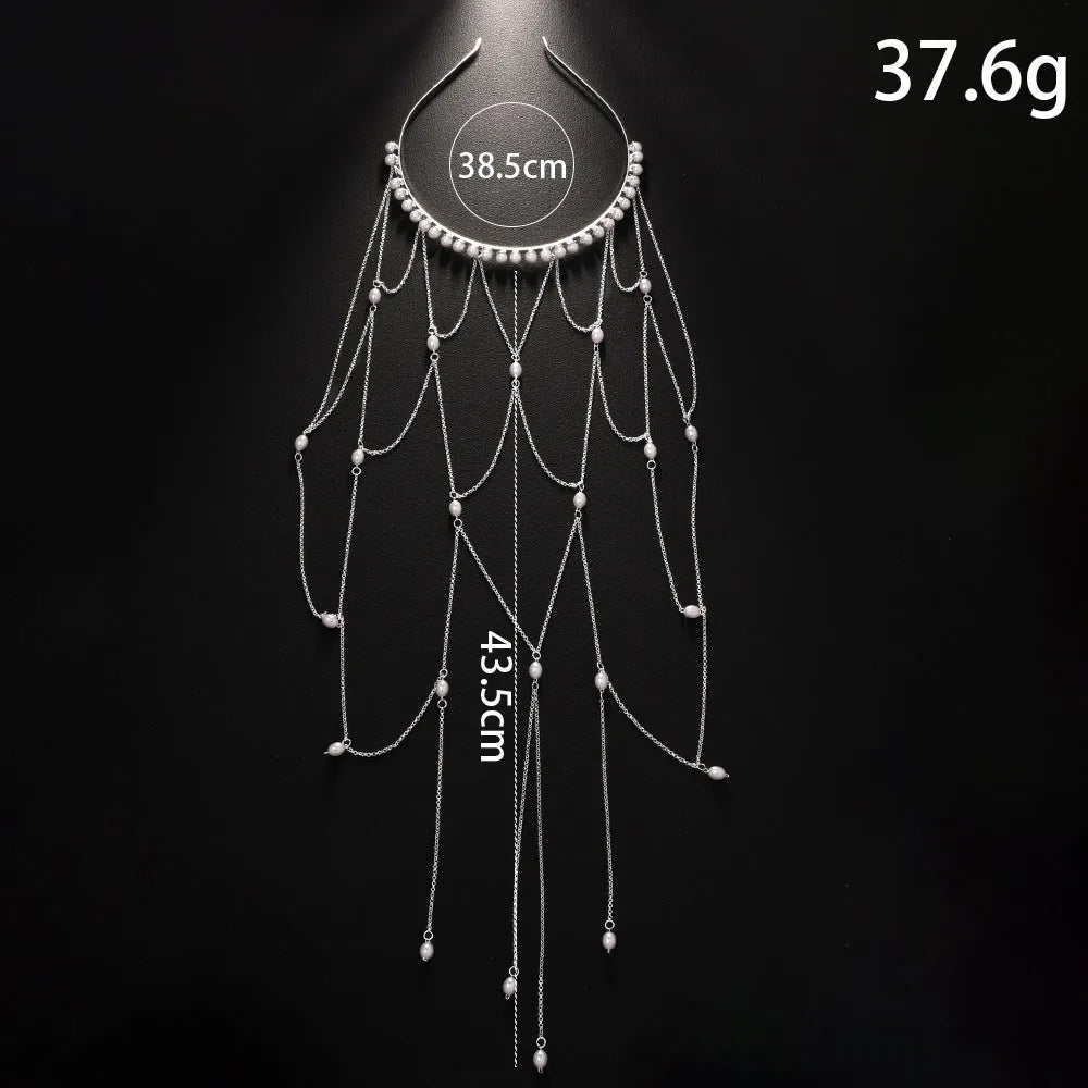 Electroplated mesh tassel hair chain for women in gold or silver with pearl details