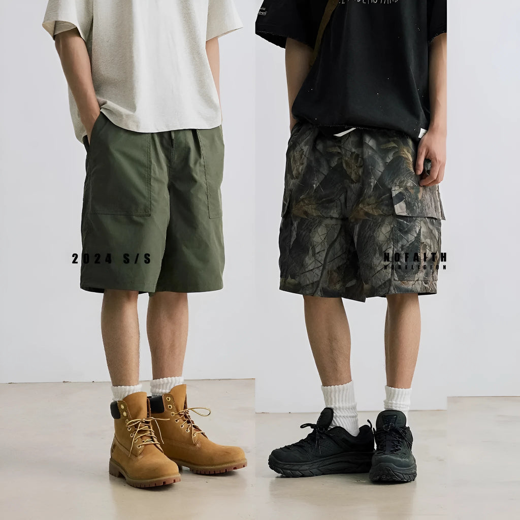 Loose fit straight-leg denim shorts for teenagers in army green colour.