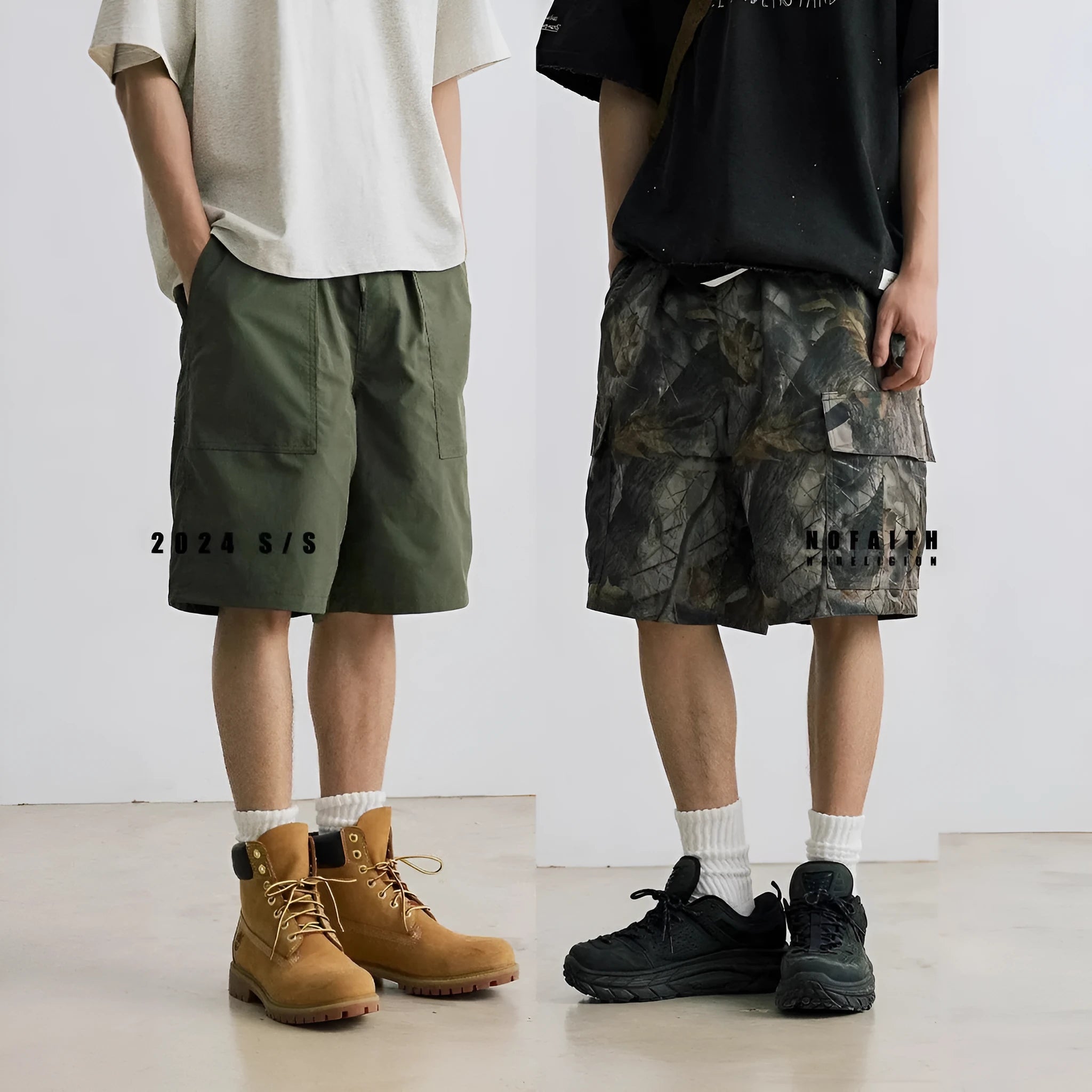 Loose fit straight-leg denim shorts for teenagers in army green colour.