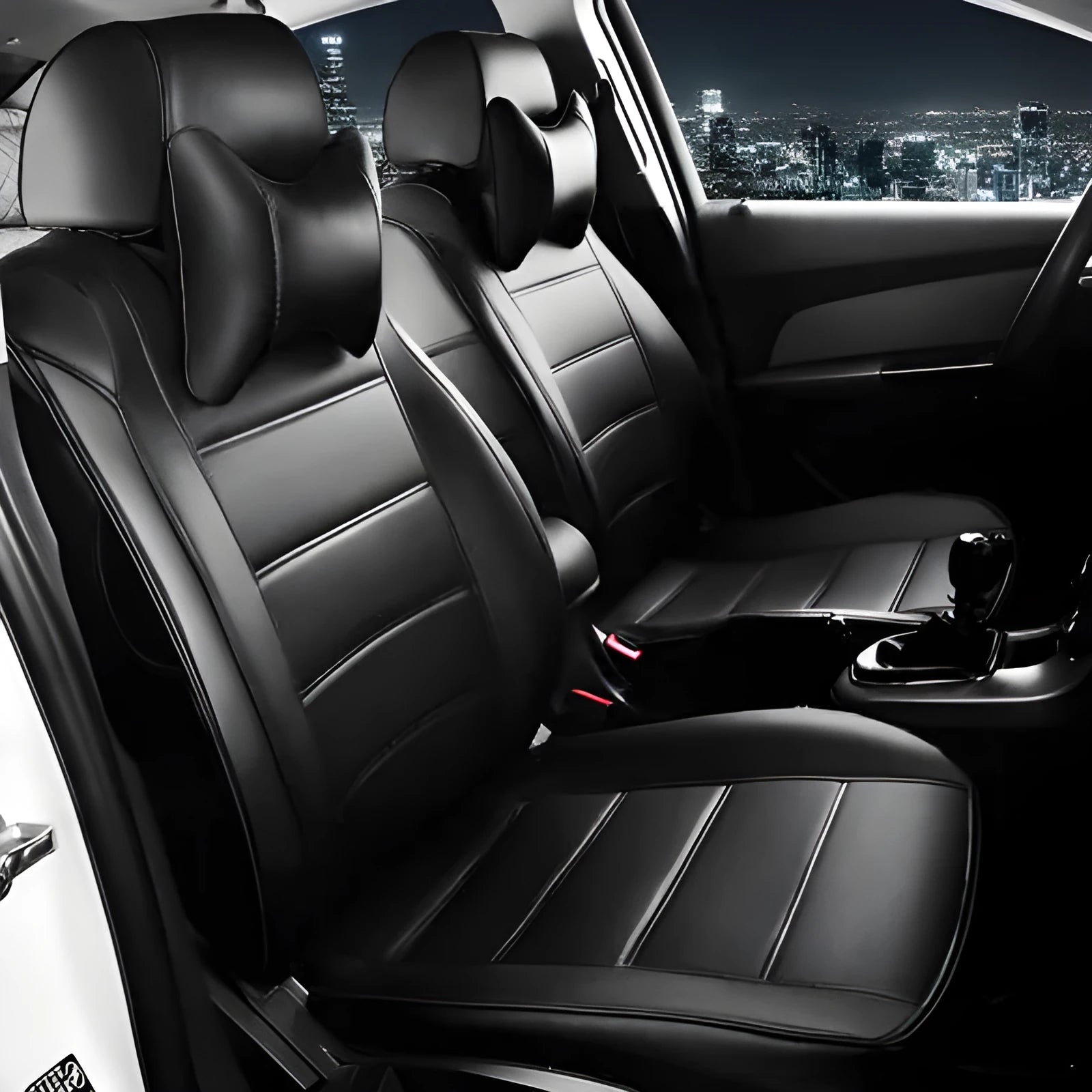 Leather car seat cover in beige and black with red accent colour options, showing binding style edges.