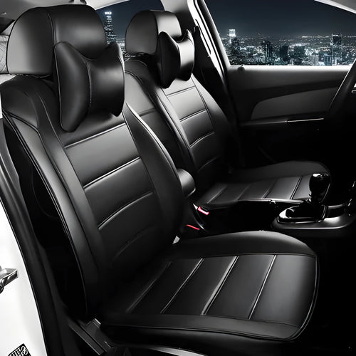 Leather car seat cover in beige and black with red accent colour options, showing binding style edges.