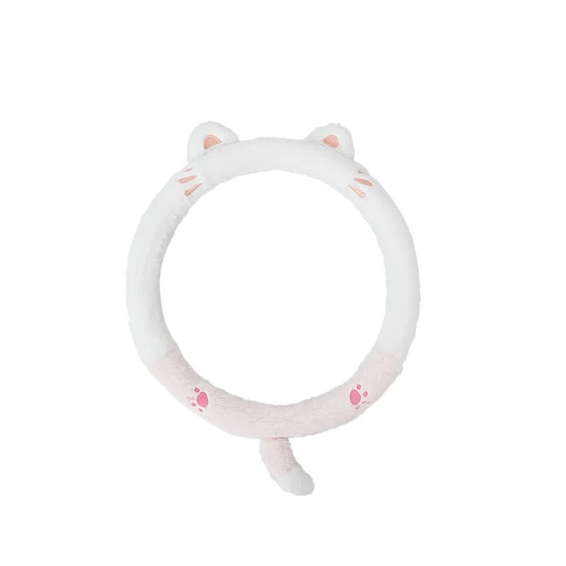 Plush rabbit fur steering wheel cover with embroidered cartoon animal pattern showing 38cm diameter