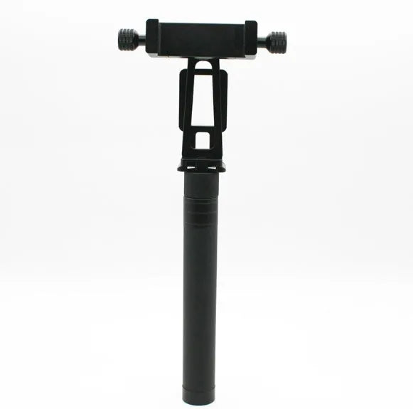 Black aluminium retractable selfie stick with stabilizer, shown extended and with built-in tripod stand.