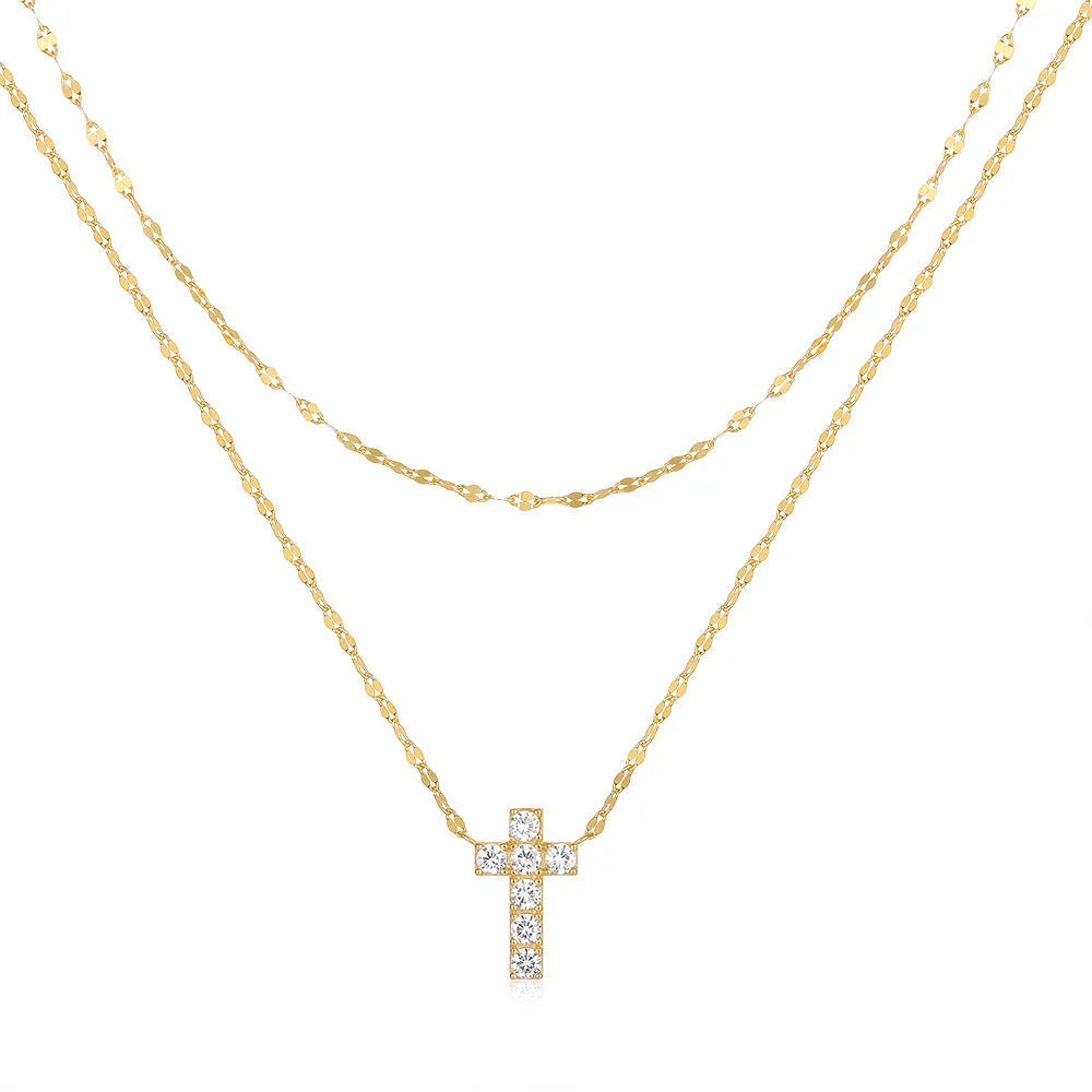 S925 sterling silver double layer twin diamond cross pendant necklace on a clavicle chain, shown in gold and white gold colour finishes.