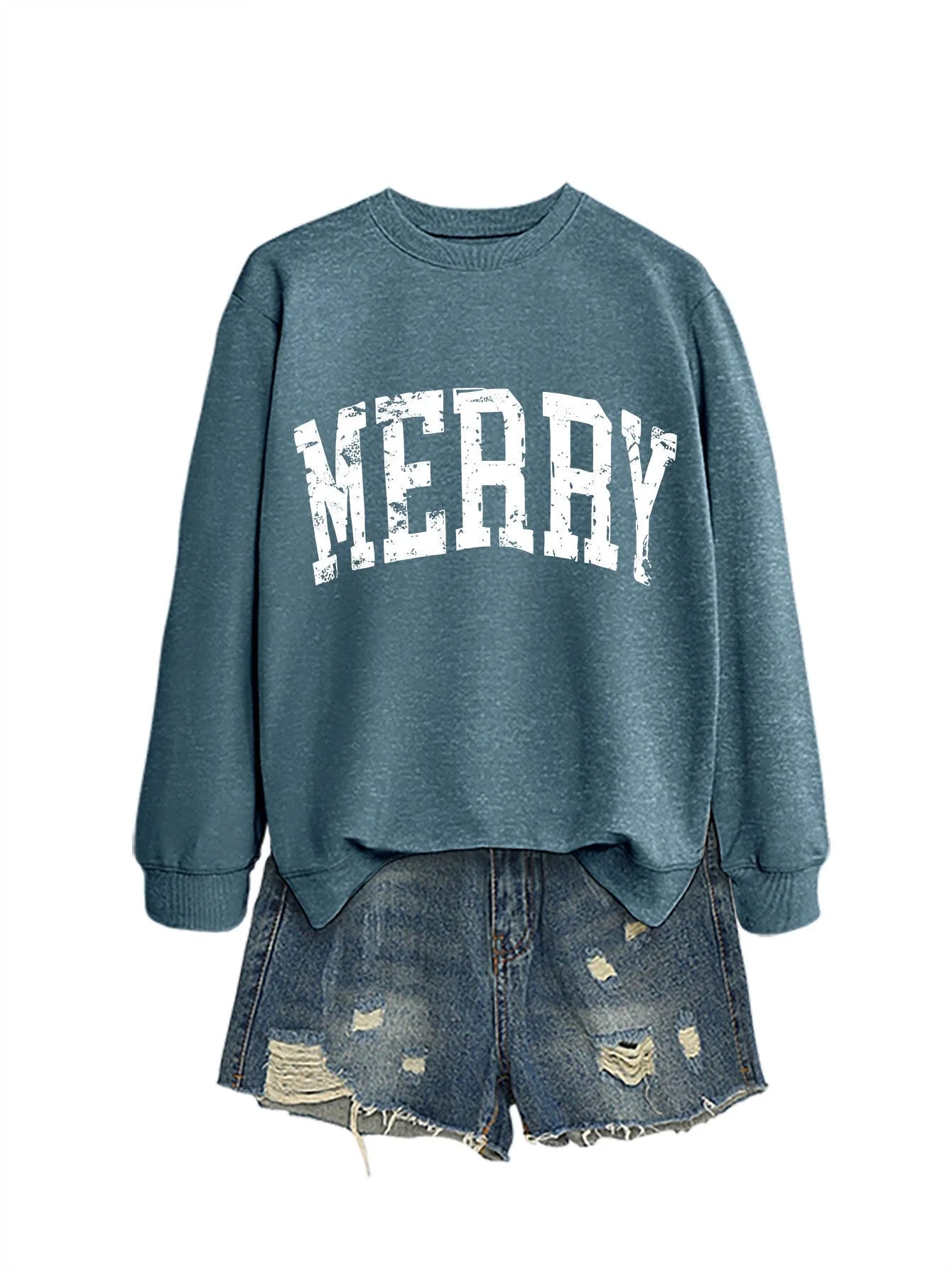 Women's cotton round neck long sleeve sweater in blue with black accents