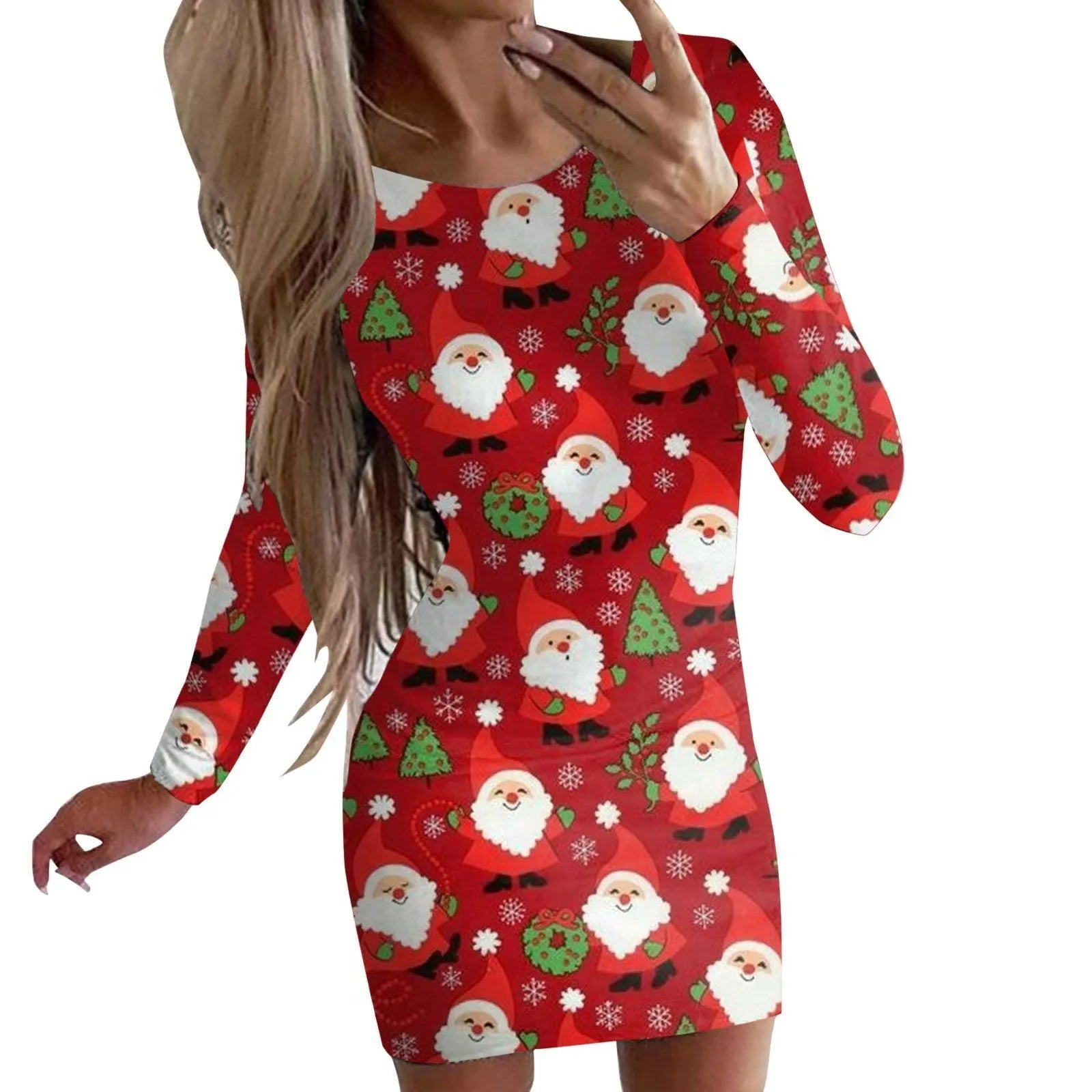 Women's tight-fitting Christmas dress with animal print and long sleeves in a floral colour.