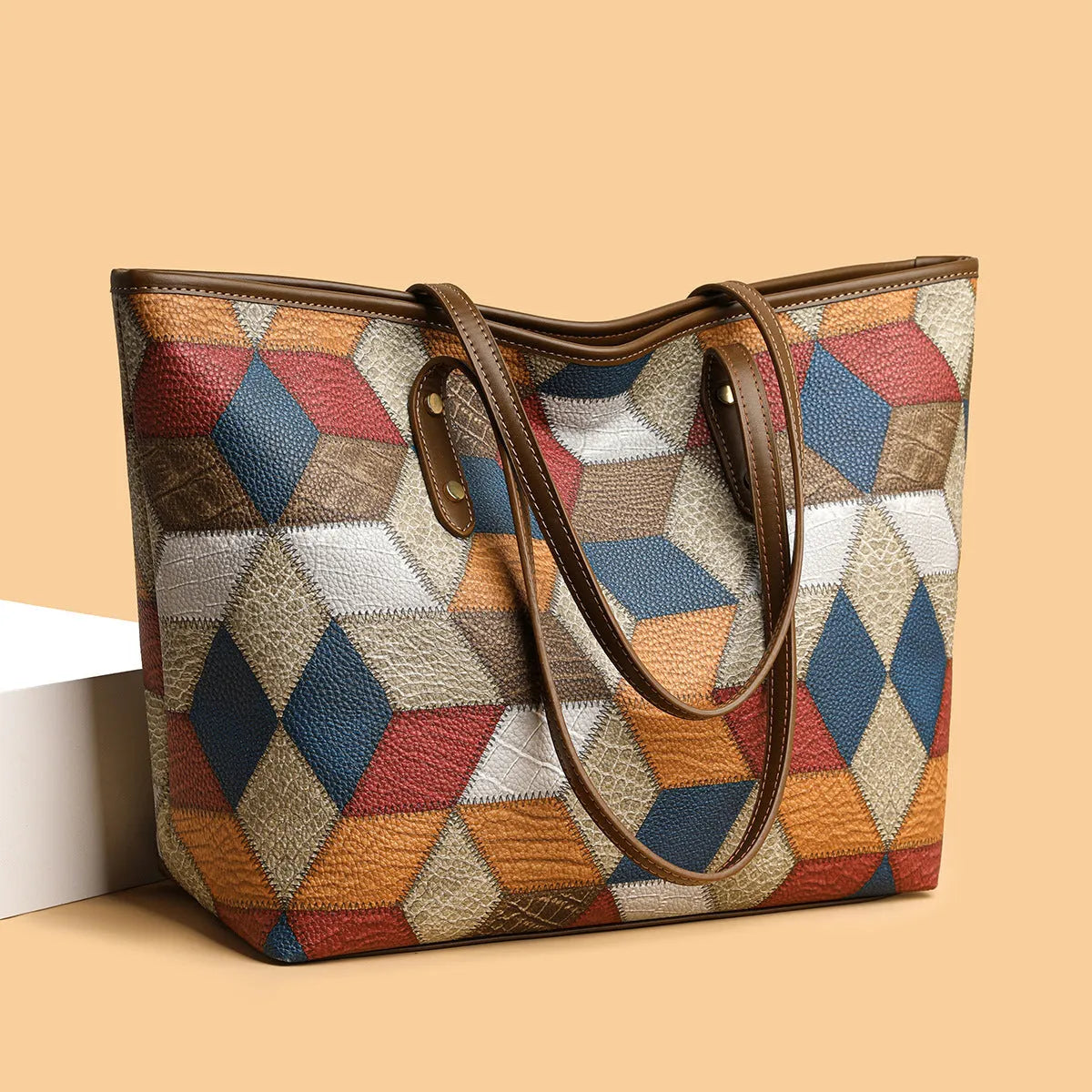 Women's large capacity PVC handbag in blue brown colour with sandwich pocket design